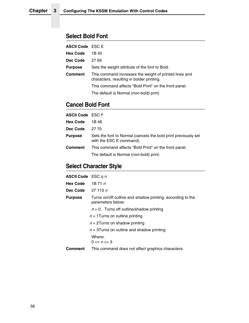 Select bold font, Cancel bold font, Select character style | Printronix P7000 H-Series User Manual | Page 56 / 102