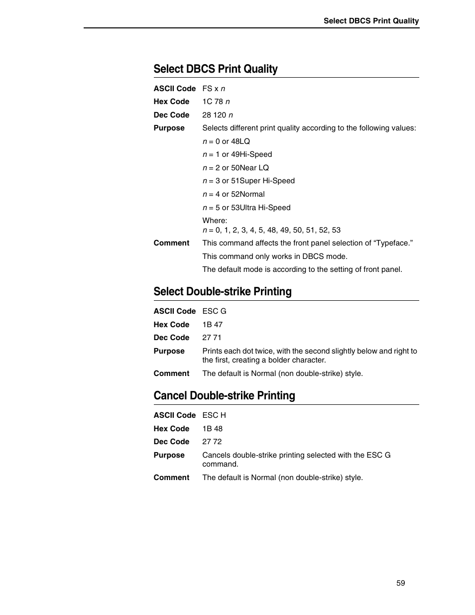 Select dbcs print quality, Select double-strike printing, Cancel double-strike printing | Printronix P7000 H-Series User Manual | Page 59 / 102