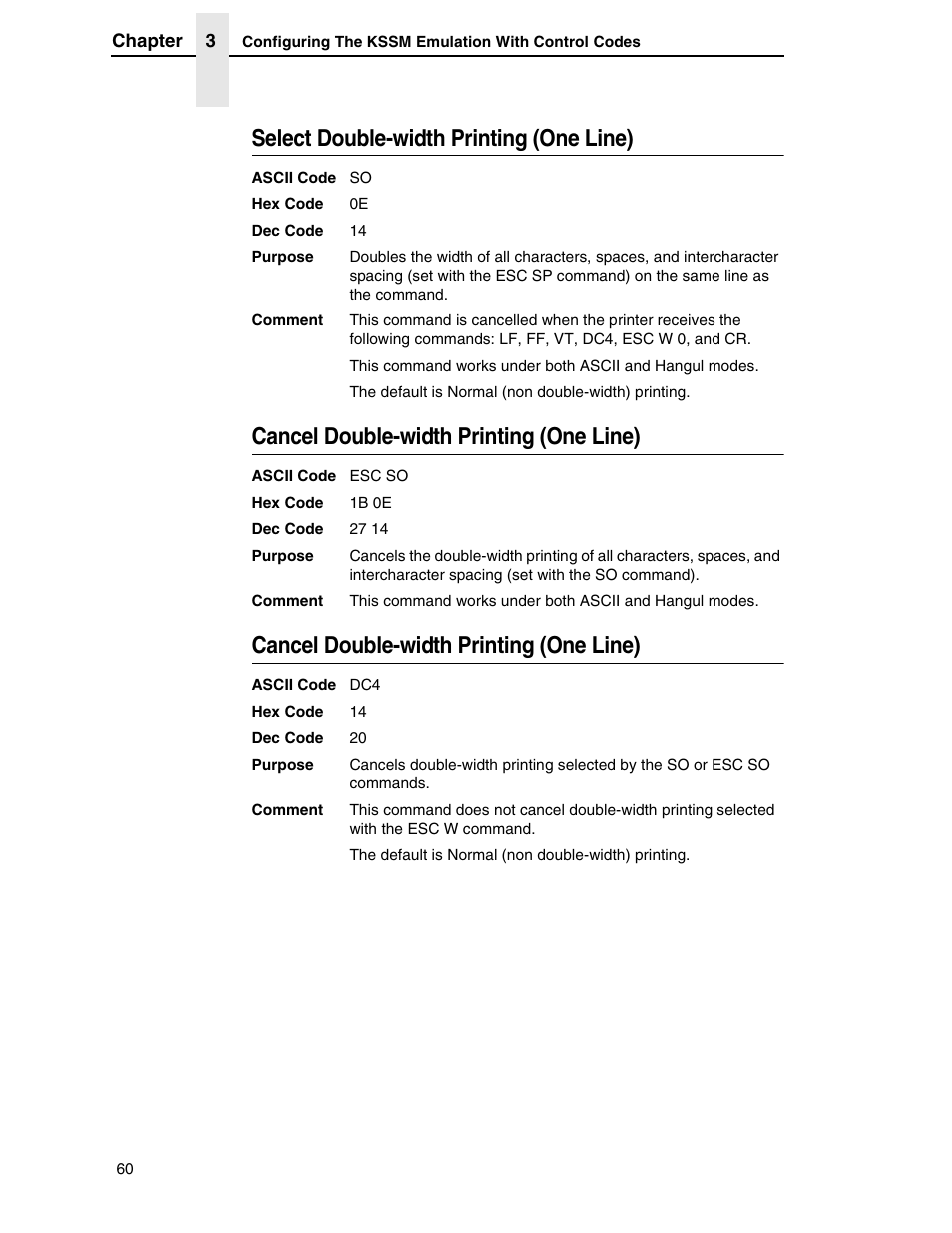 Select double-width printing (one line), Cancel double-width printing (one line) | Printronix P7000 H-Series User Manual | Page 60 / 102