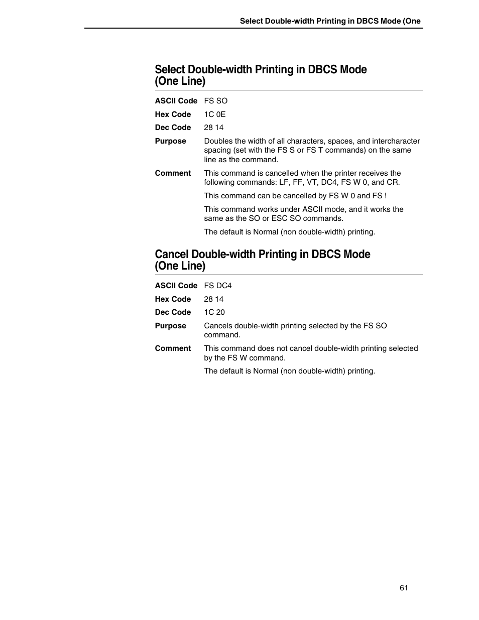 Select double-width printing in dbcs mode, One line), Cancel double-width printing in dbcs mode | Printronix P7000 H-Series User Manual | Page 61 / 102