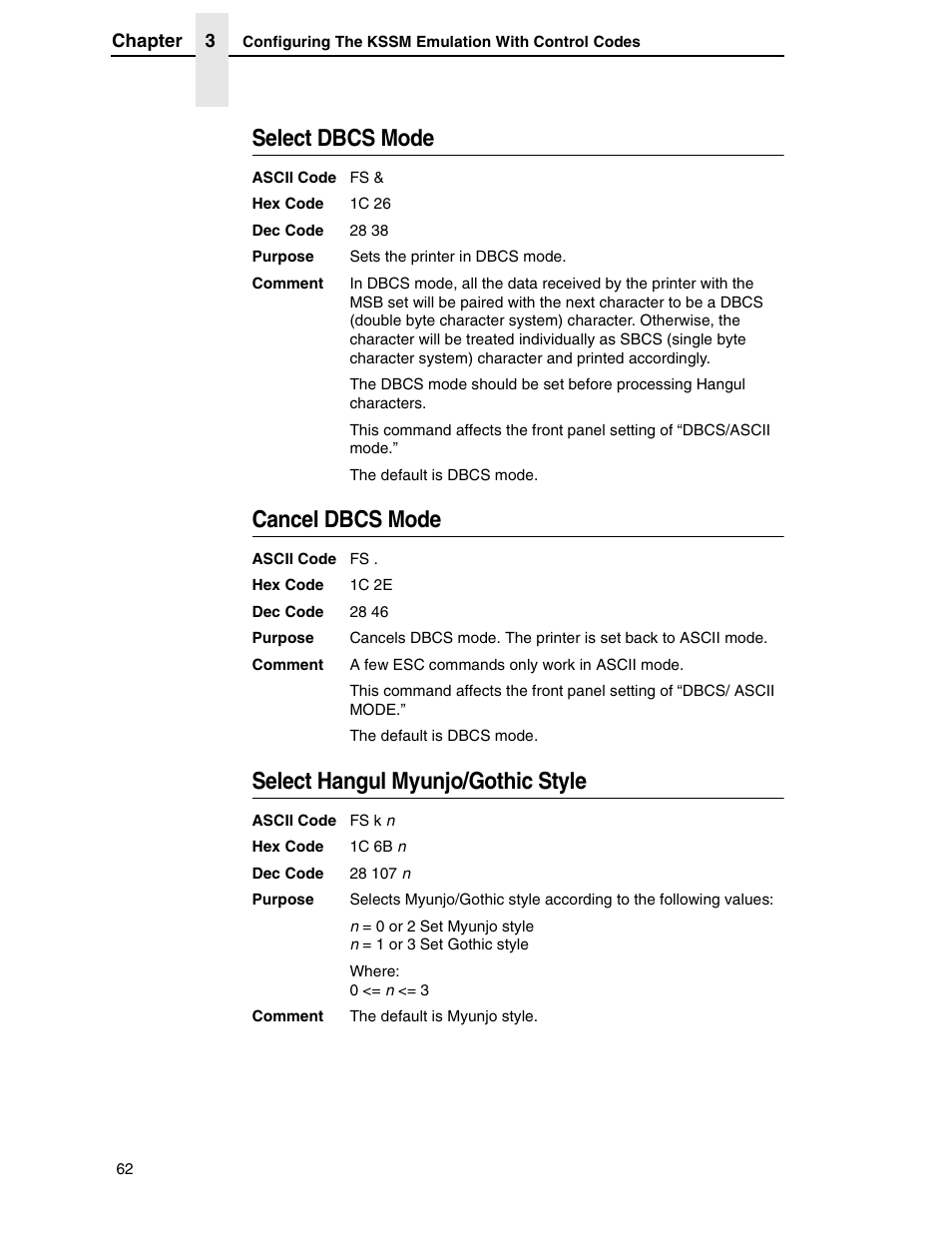 Select dbcs mode, Cancel dbcs mode, Select hangul myunjo/gothic style | Printronix P7000 H-Series User Manual | Page 62 / 102