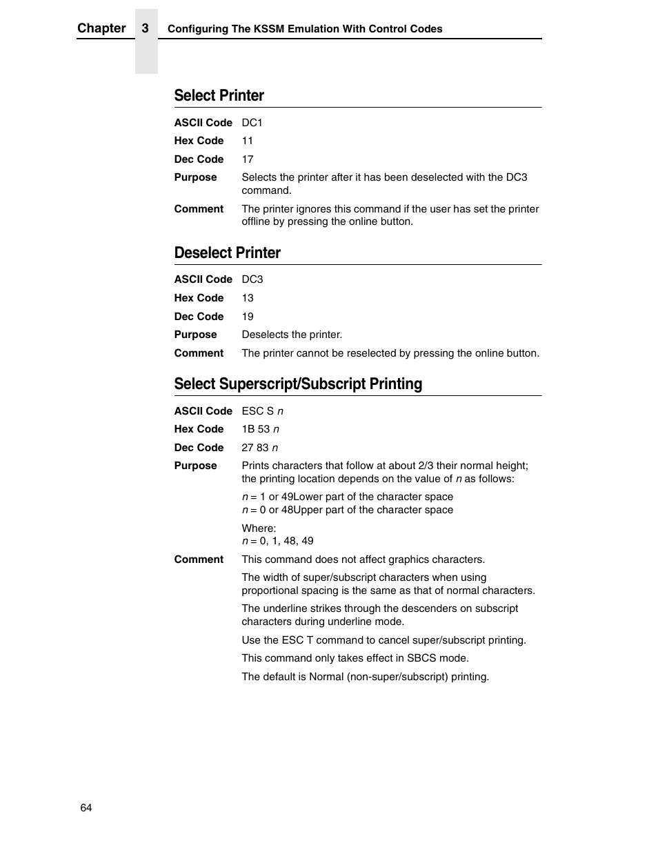 Select printer, Deselect printer, Select superscript/subscript printing | Printronix P7000 H-Series User Manual | Page 64 / 102