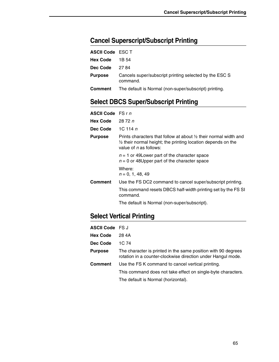 Cancel superscript/subscript printing, Select dbcs super/subscript printing, Select vertical printing | Printronix P7000 H-Series User Manual | Page 65 / 102