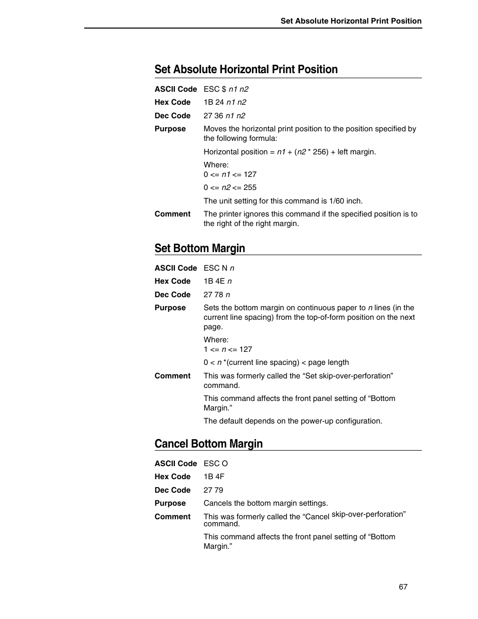 Set absolute horizontal print position, Set bottom margin, Cancel bottom margin | Printronix P7000 H-Series User Manual | Page 67 / 102