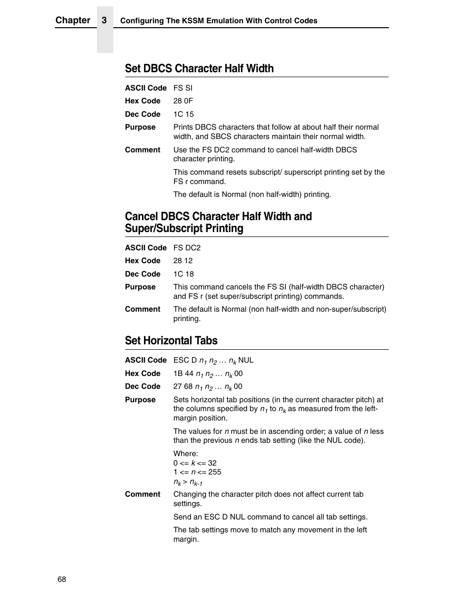 Set dbcs character half width, Set horizontal tabs | Printronix P7000 H-Series User Manual | Page 68 / 102