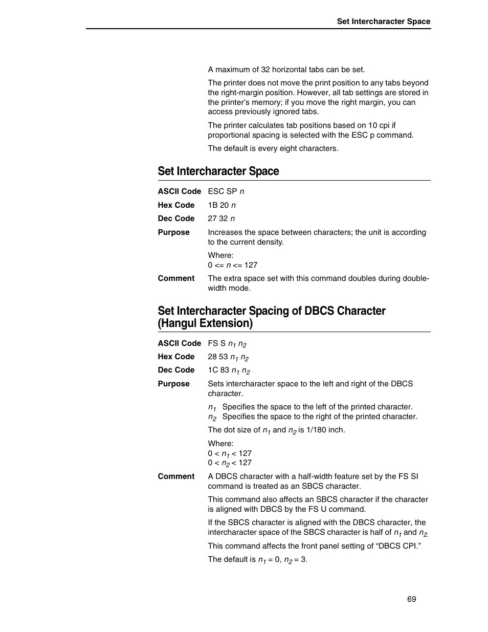 Set intercharacter space, Set intercharacter spacing of dbcs character, Hangul extension) | Printronix P7000 H-Series User Manual | Page 69 / 102