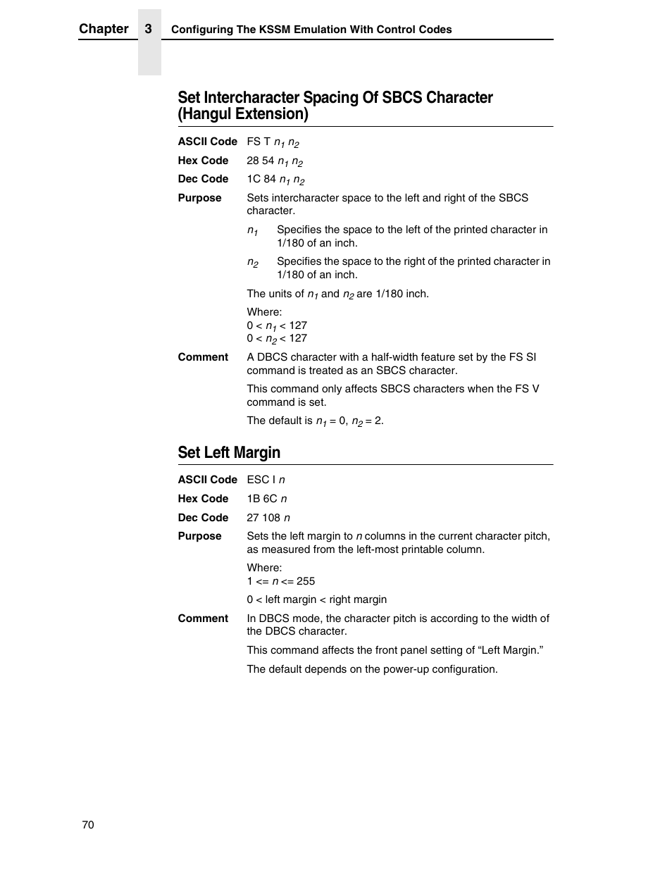 Set left margin, Set intercharacter spacing of sbcs character, Hangul extension) | Printronix P7000 H-Series User Manual | Page 70 / 102
