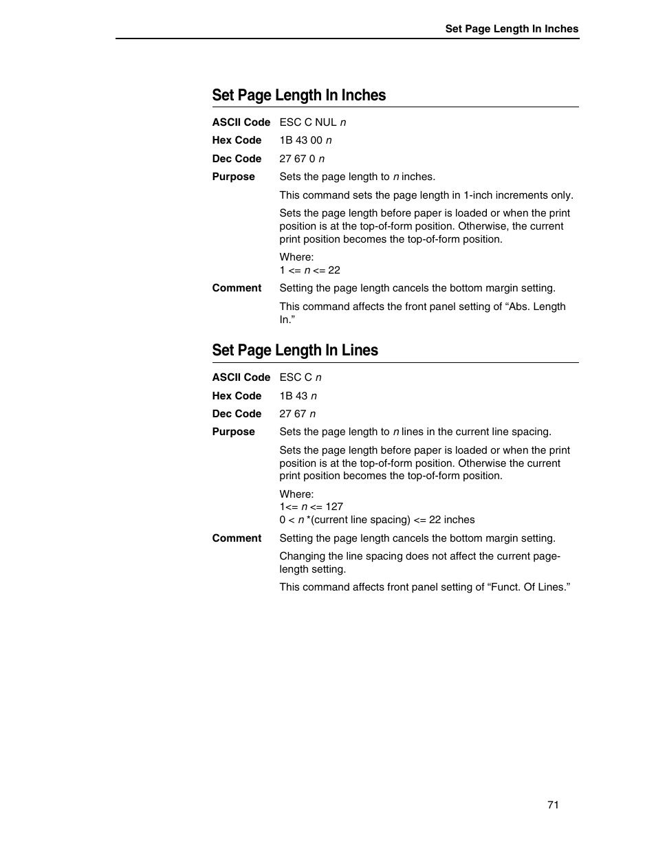 Set page length in inches, Set page length in lines | Printronix P7000 H-Series User Manual | Page 71 / 102