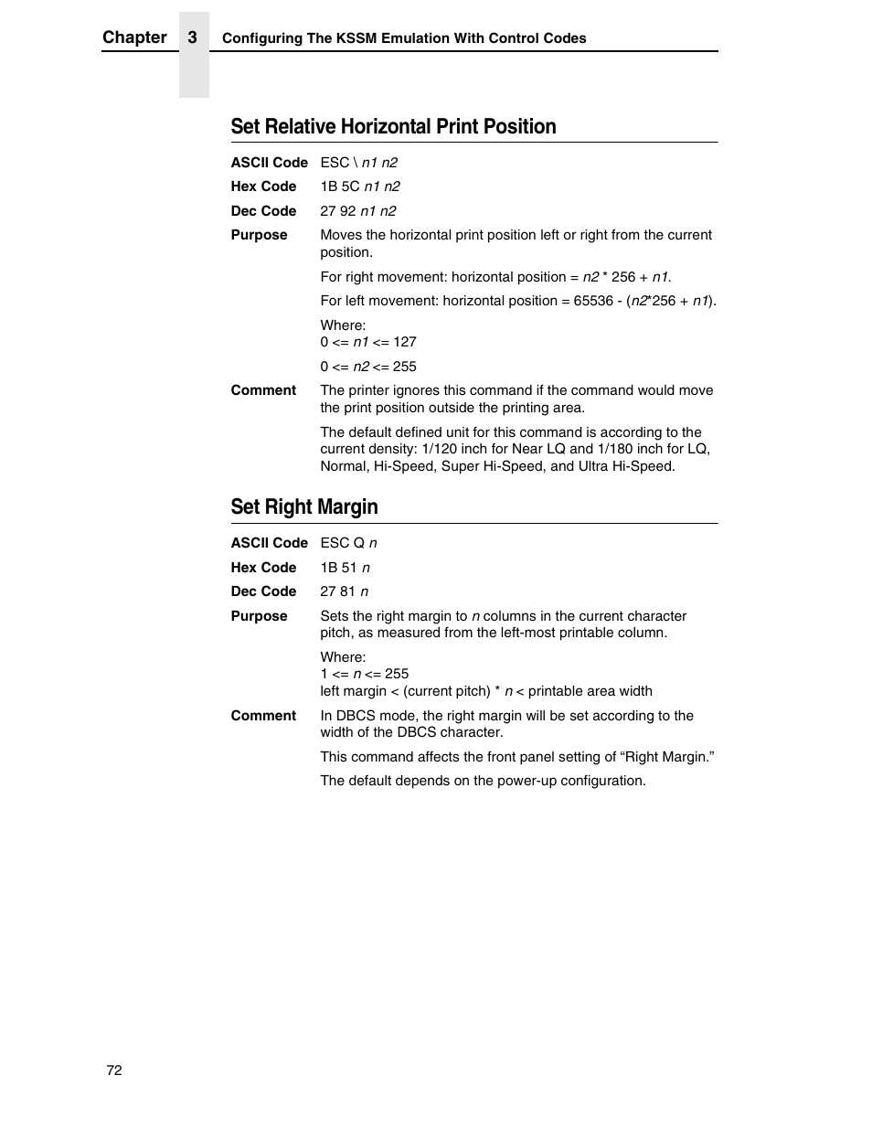 Set relative horizontal print position, Set right margin | Printronix P7000 H-Series User Manual | Page 72 / 102