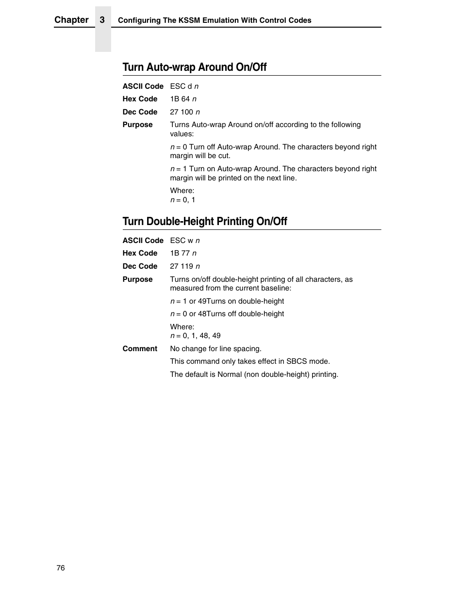 Turn auto-wrap around on/off, Turn double-height printing on/off | Printronix P7000 H-Series User Manual | Page 76 / 102