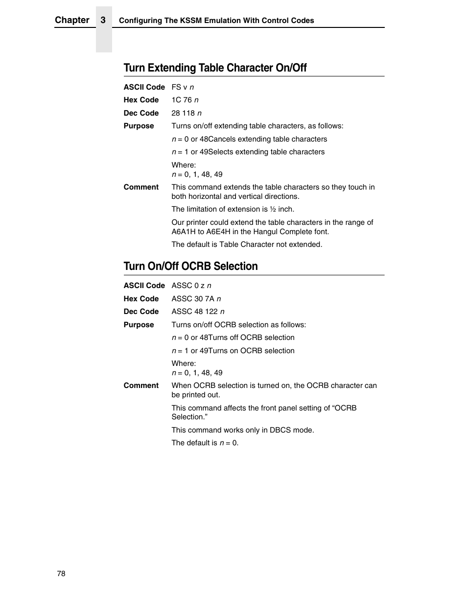 Turn extending table character on/off, Turn on/off ocrb selection | Printronix P7000 H-Series User Manual | Page 78 / 102