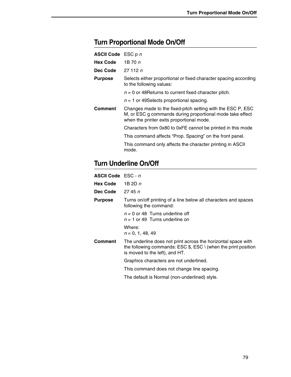 Turn proportional mode on/off, Turn underline on/off | Printronix P7000 H-Series User Manual | Page 79 / 102