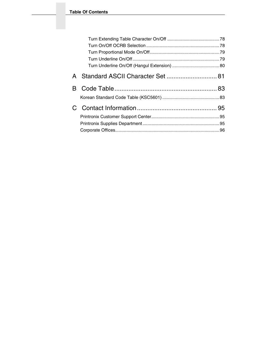 A standard ascii character set b code table, C contact information | Printronix P7000 H-Series User Manual | Page 8 / 102