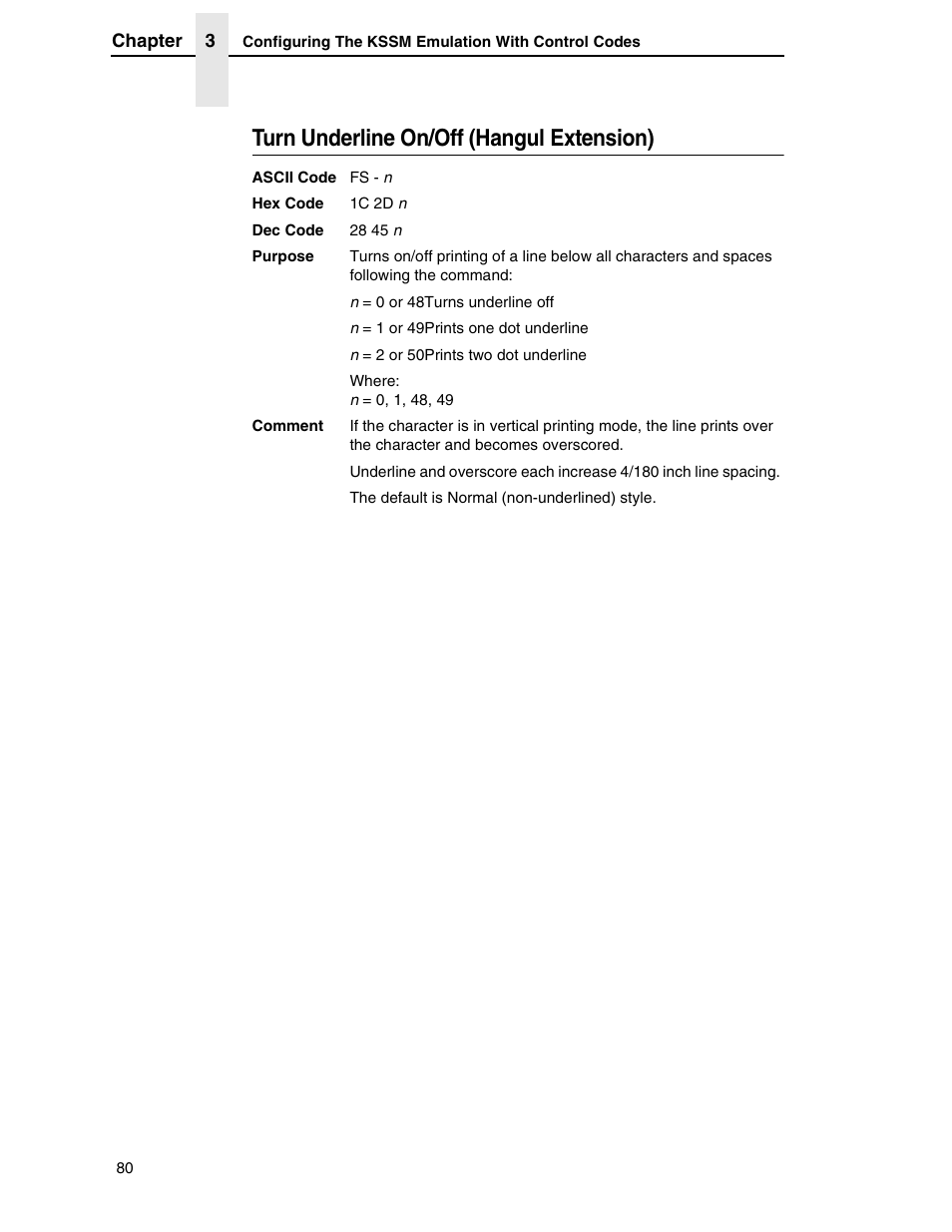 Turn underline on/off (hangul extension) | Printronix P7000 H-Series User Manual | Page 80 / 102