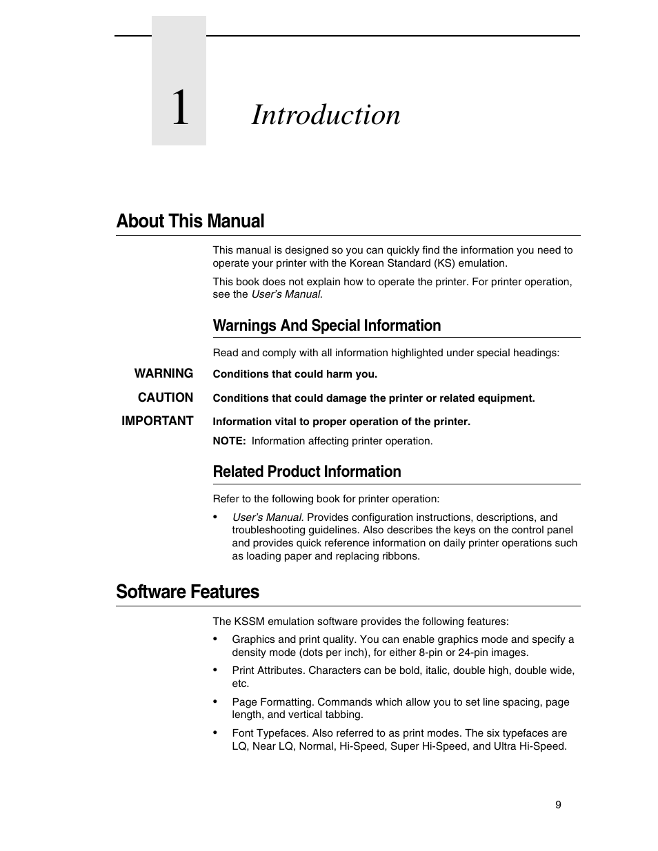 1 introduction, About this manual, Warnings and special information | Related product information, Software features, Introduction | Printronix P7000 H-Series User Manual | Page 9 / 102