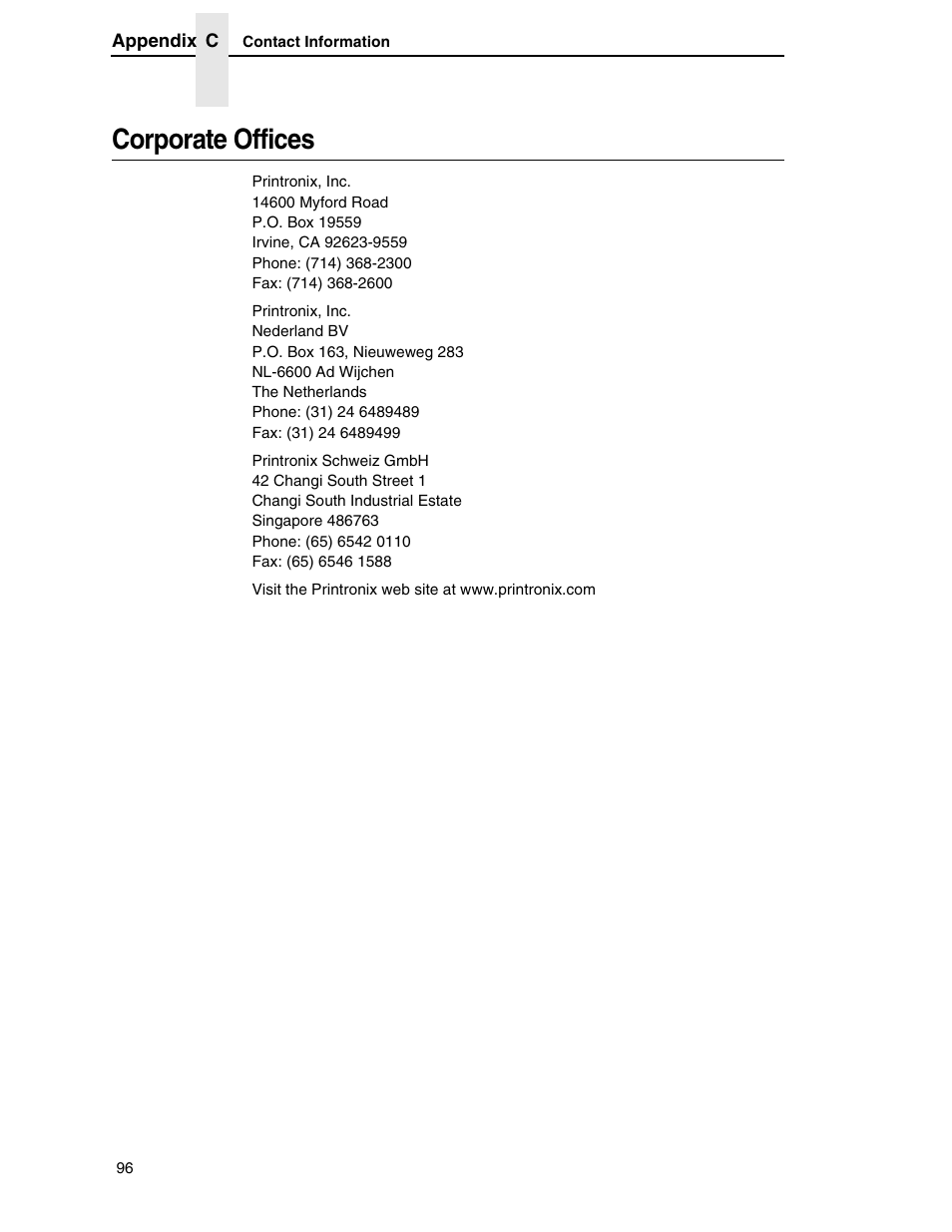 Corporate offices | Printronix P7000 H-Series User Manual | Page 96 / 102