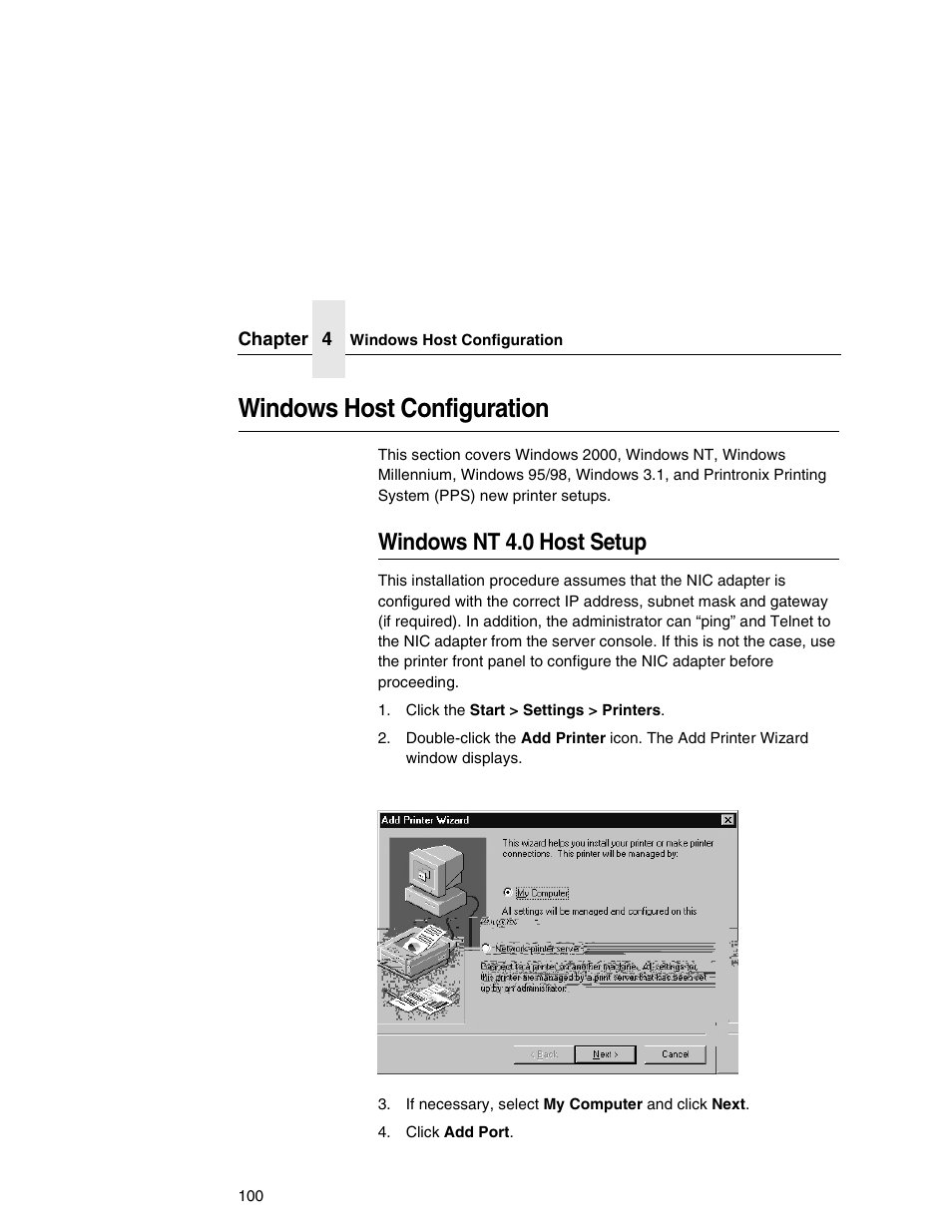 Windows host configuration, Windows nt 4.0 host setup | Printronix Network Interface Card User Manual | Page 100 / 378