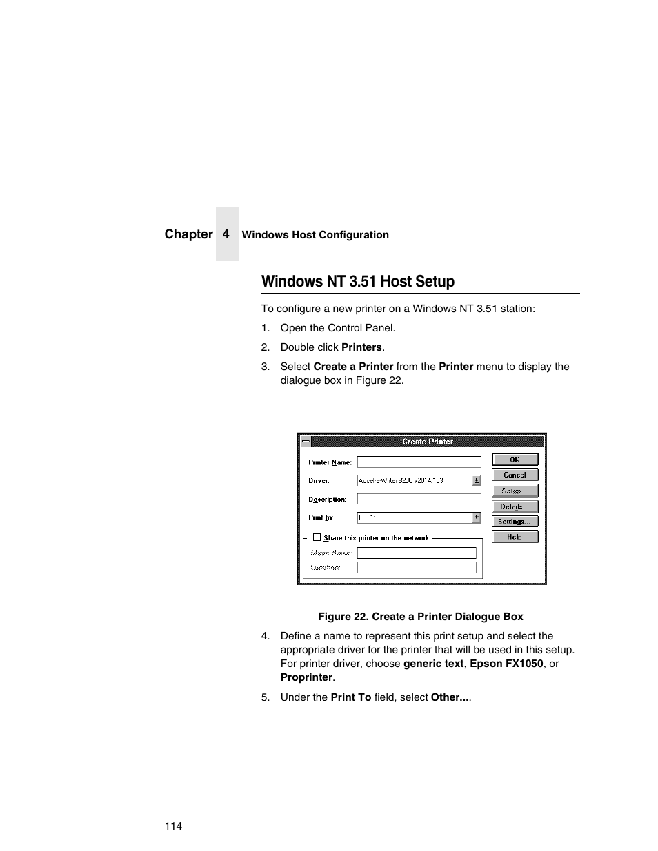 Windows nt 3.51 host setup | Printronix Network Interface Card User Manual | Page 114 / 378