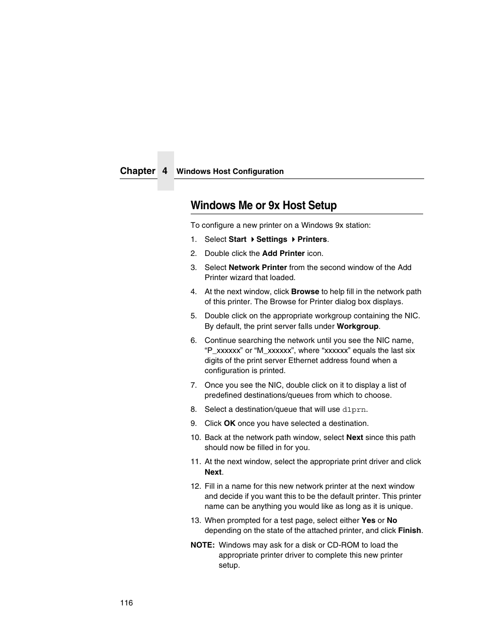 Windows me or 9x host setup | Printronix Network Interface Card User Manual | Page 116 / 378