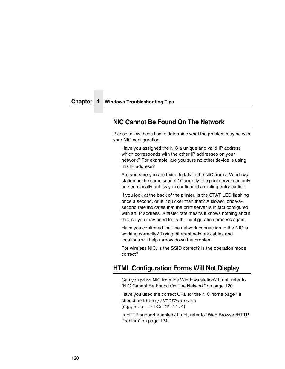 Nic cannot be found on the network, Html configuration forms will not display | Printronix Network Interface Card User Manual | Page 120 / 378