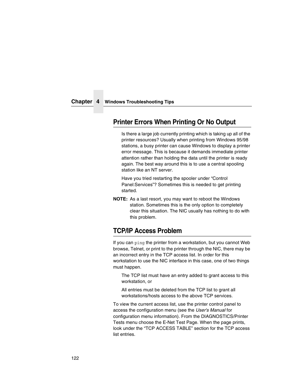 Printer errors when printing or no output, Tcp/ip access problem | Printronix Network Interface Card User Manual | Page 122 / 378