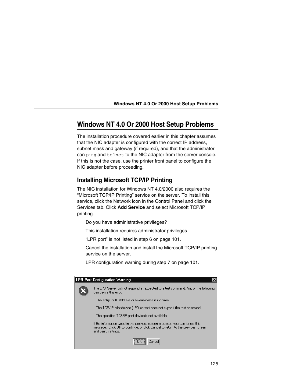 Windows nt 4.0 or 2000 host setup problems | Printronix Network Interface Card User Manual | Page 125 / 378