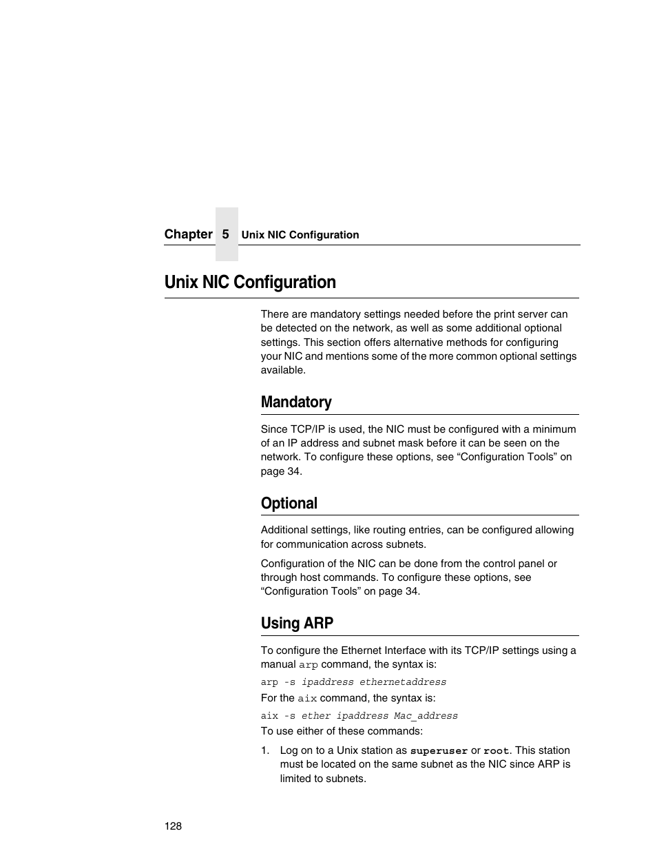 Unix nic configuration, Mandatory, Optional | Using arp | Printronix Network Interface Card User Manual | Page 128 / 378