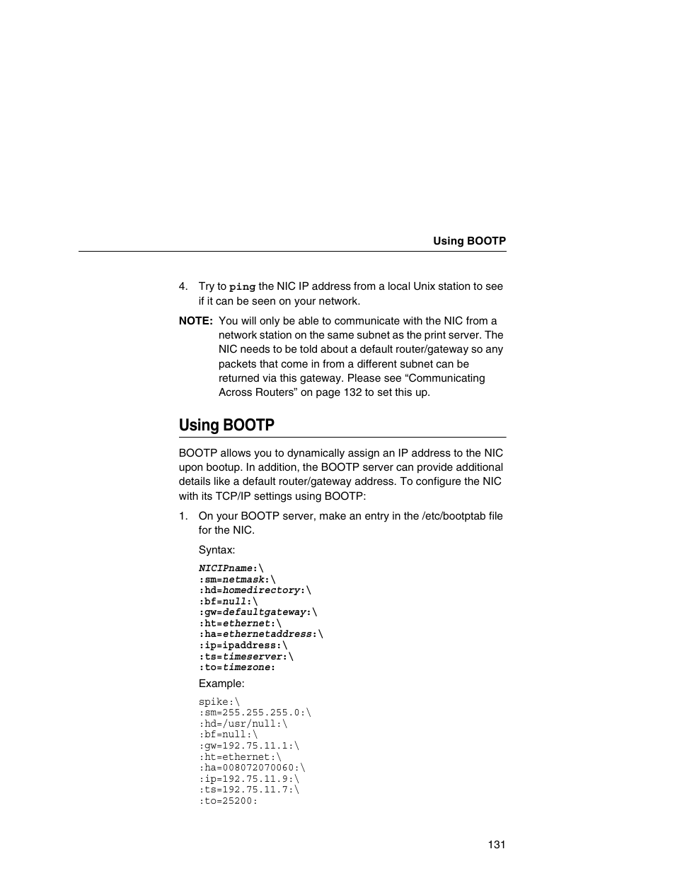 Using bootp | Printronix Network Interface Card User Manual | Page 131 / 378