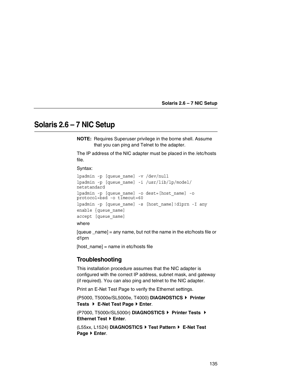 Solaris 2.6 – 7 nic setup, Troubleshooting | Printronix Network Interface Card User Manual | Page 135 / 378