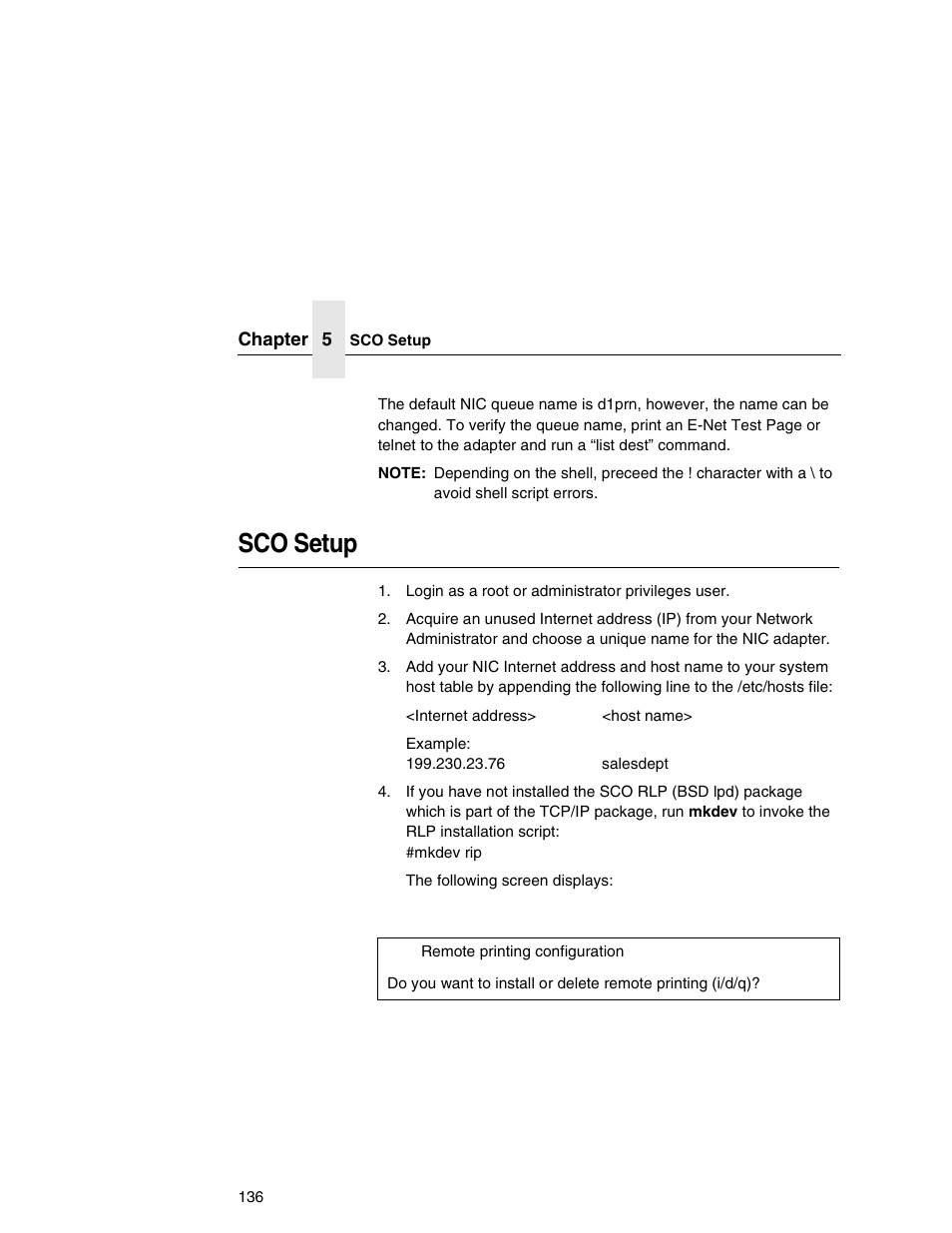 Sco setup | Printronix Network Interface Card User Manual | Page 136 / 378