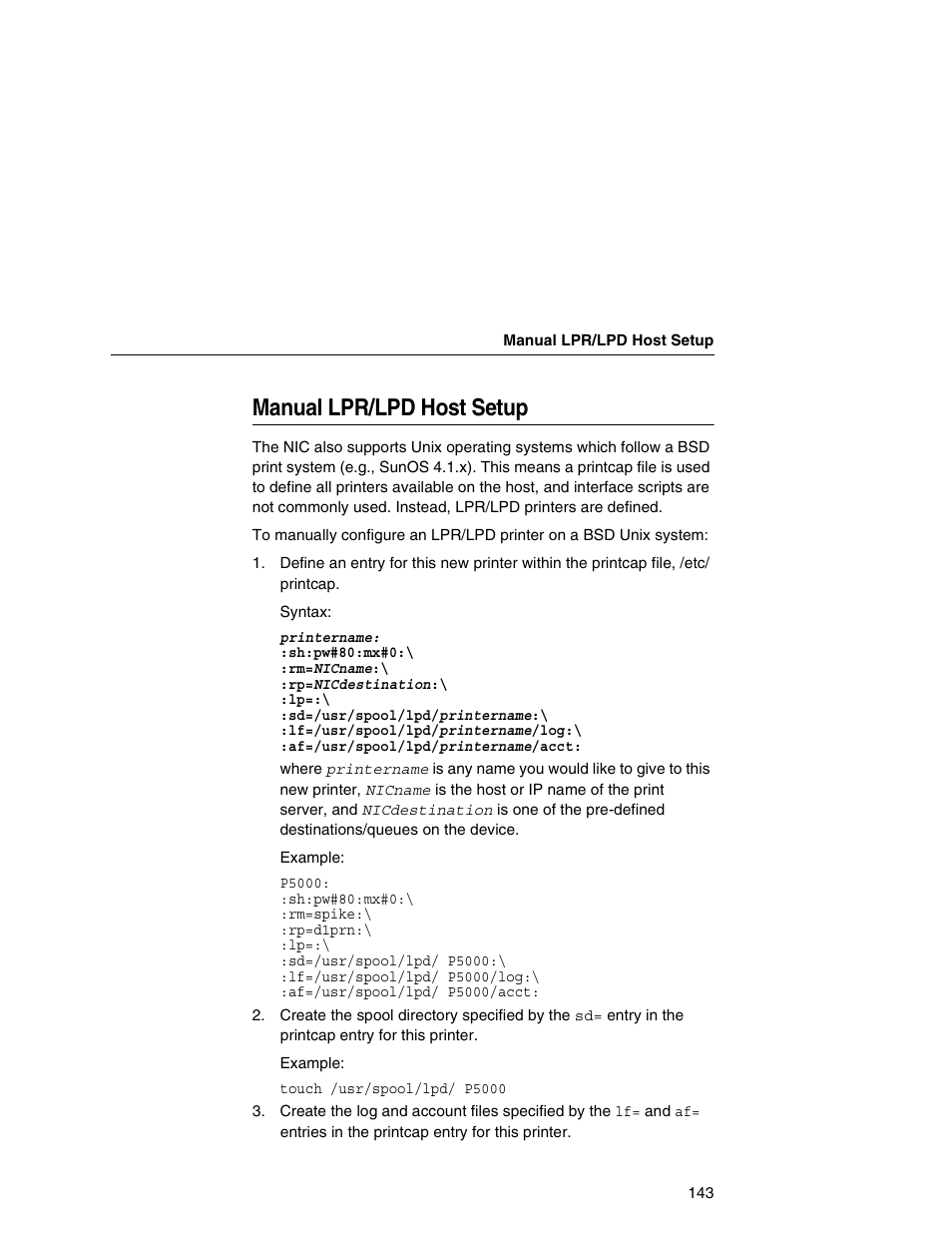 Manual lpr/lpd host setup | Printronix Network Interface Card User Manual | Page 143 / 378