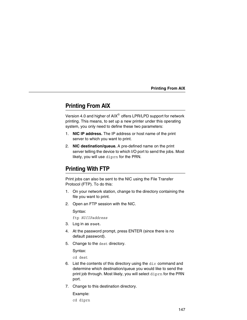 Printing from aix, Printing with ftp | Printronix Network Interface Card User Manual | Page 147 / 378