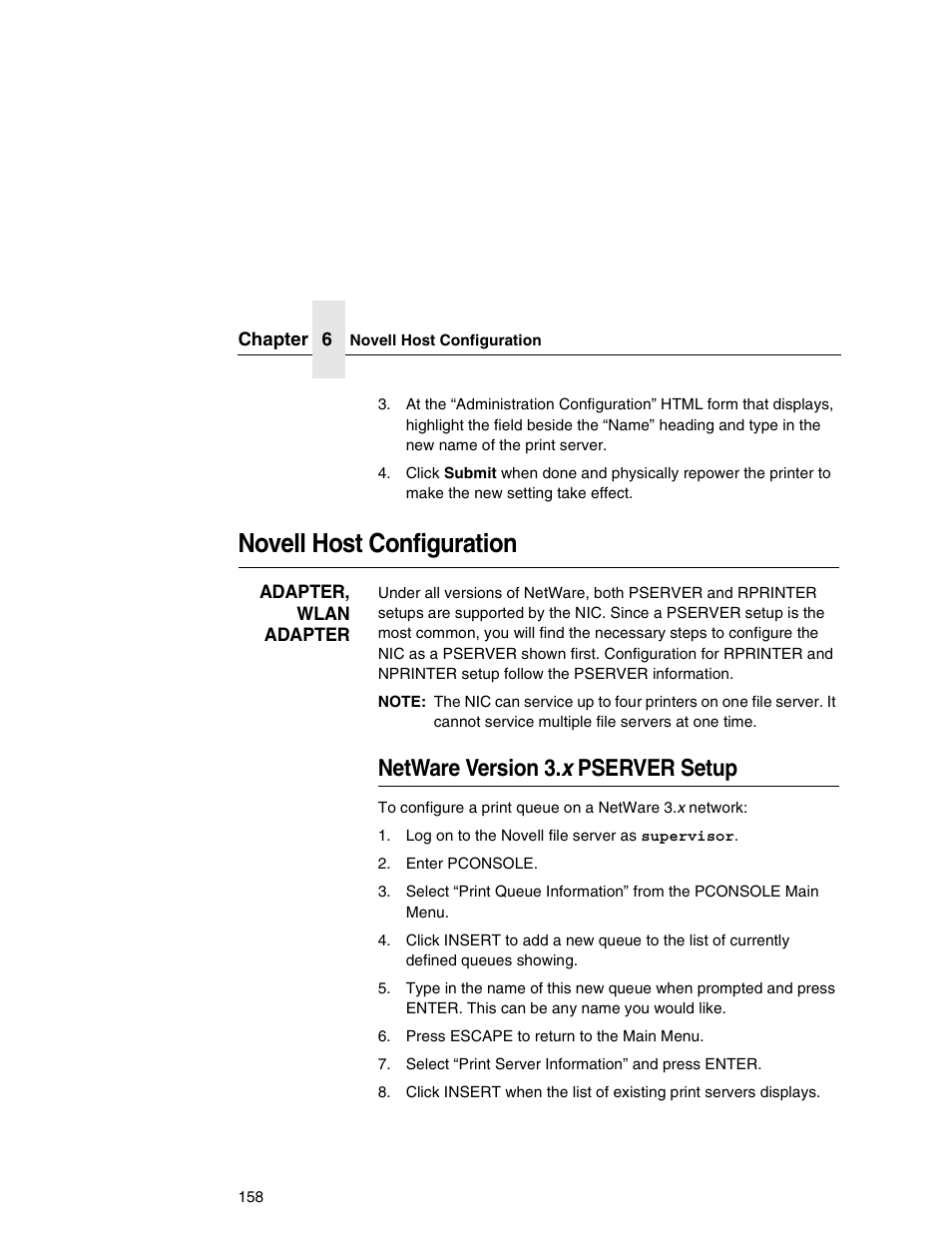 Novell host configuration, Netware version 3.x pserver setup, Netware version 3. x pserver setup | Printronix Network Interface Card User Manual | Page 158 / 378