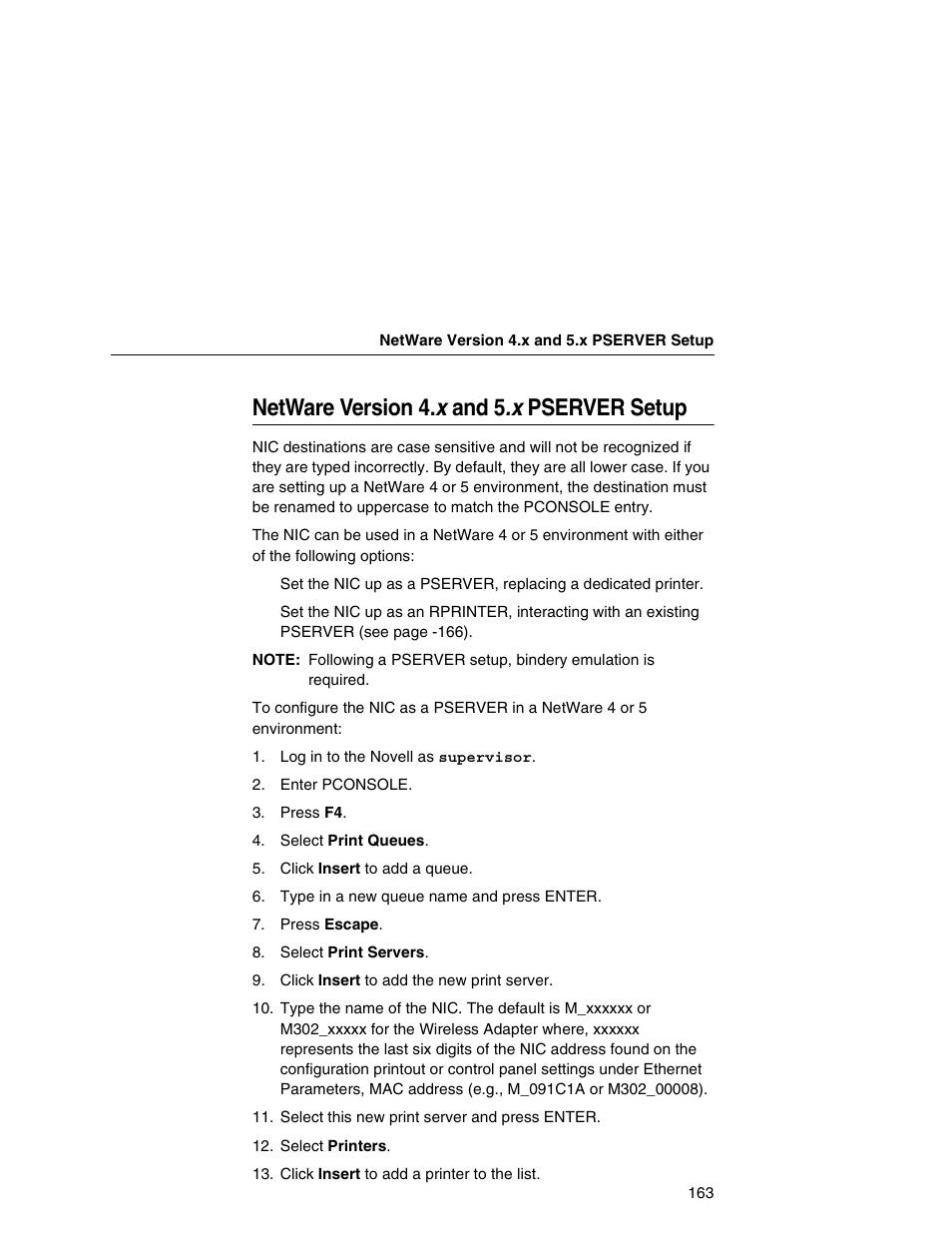 Netware version 4.x and 5.x pserver setup, Netware version 4. x and 5.x pserver setup | Printronix Network Interface Card User Manual | Page 163 / 378