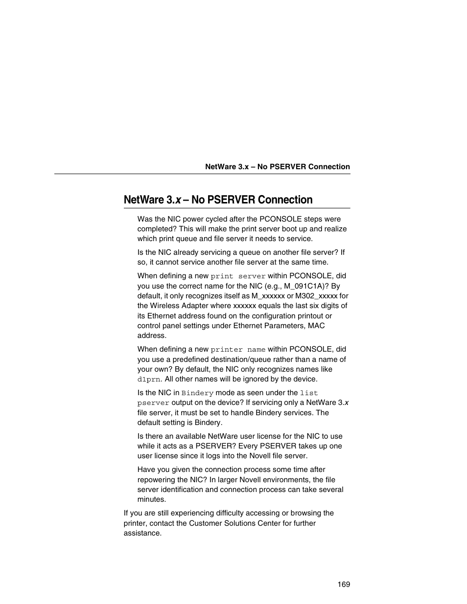 Netware 3.x – no pserver connection, Netware 3. x – no pserver connection | Printronix Network Interface Card User Manual | Page 169 / 378
