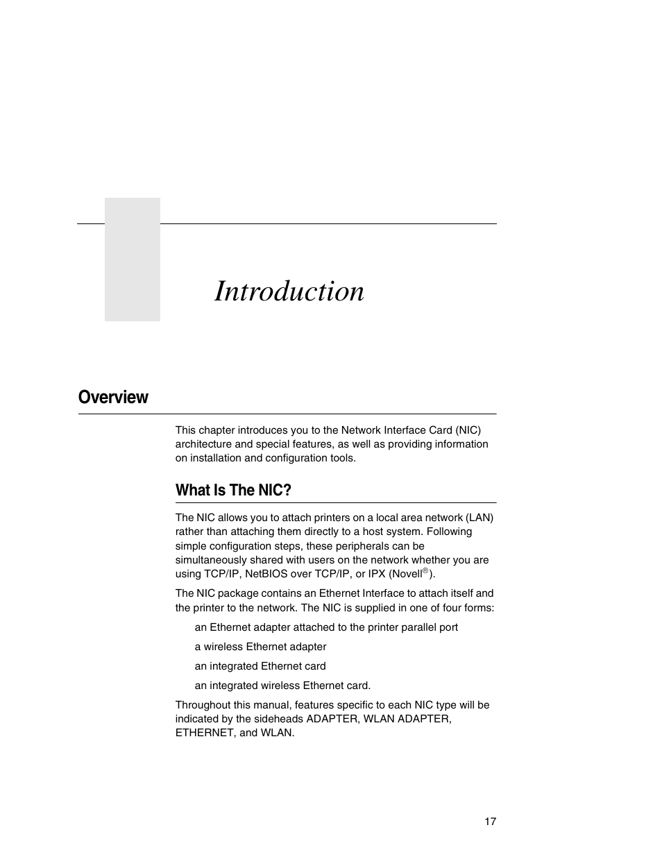 1 introduction, Overview, What is the nic | Introduction | Printronix Network Interface Card User Manual | Page 17 / 378