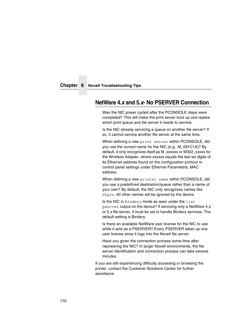 Netware 4.x and 5.x- no pserver connection, Netware 4. x and 5.x- no pserver connection | Printronix Network Interface Card User Manual | Page 170 / 378