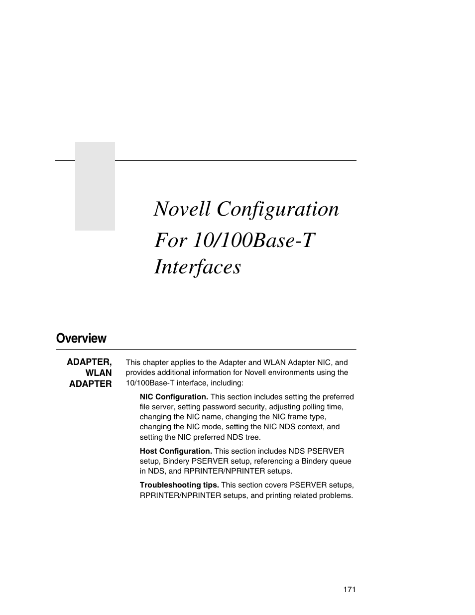 7 novell configuration for 10/100base-t interfaces, Overview, Novell configuration for | 10/100base-t intt6(ll)-80(ion)7.5(uia)-6.3(s)-2m | Printronix Network Interface Card User Manual | Page 171 / 378