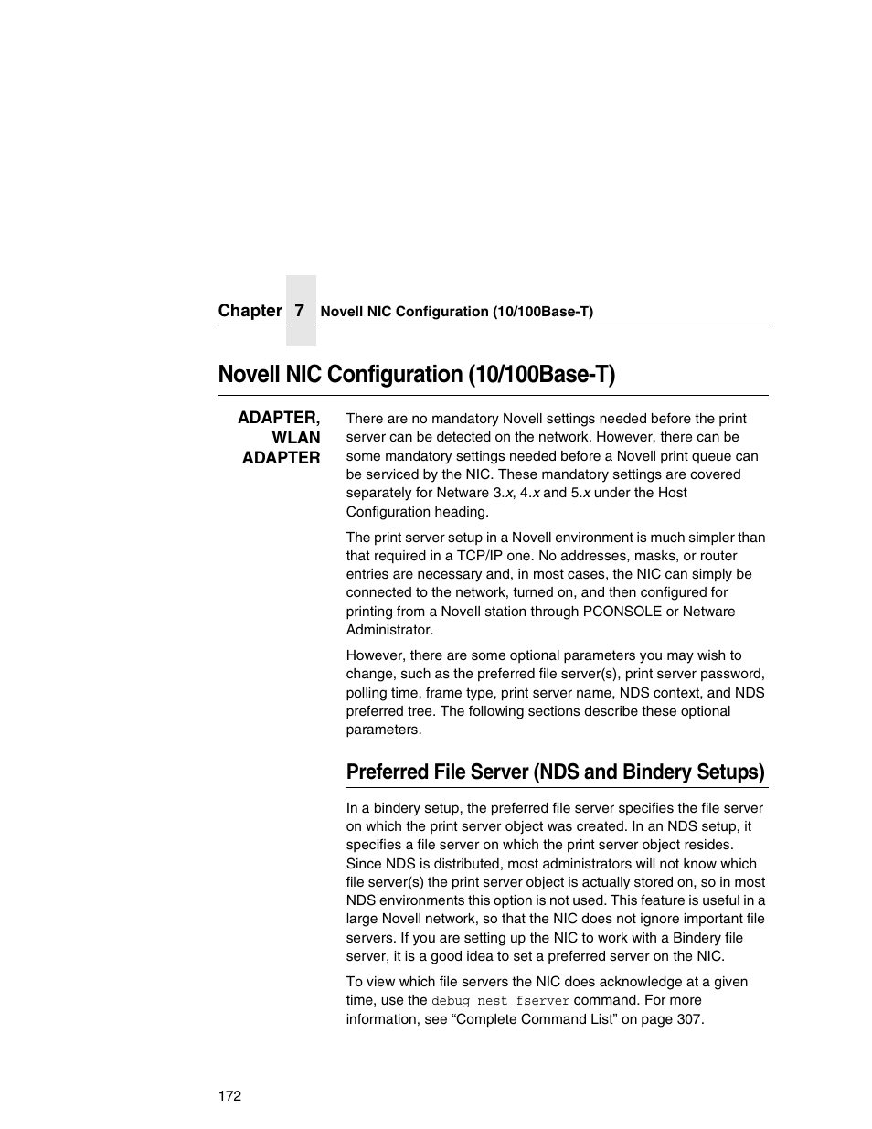 Novell nic configuration (10/100base-t), Preferred file server (nds and bindery setups) | Printronix Network Interface Card User Manual | Page 172 / 378