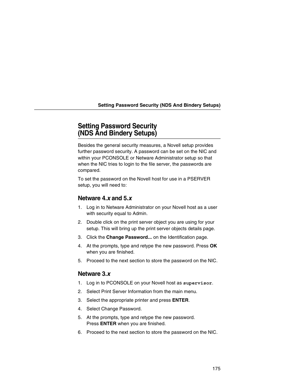 Setting password security (nds and bindery setups), Netware 4. x and 5.x, Netware 3. x | Printronix Network Interface Card User Manual | Page 175 / 378