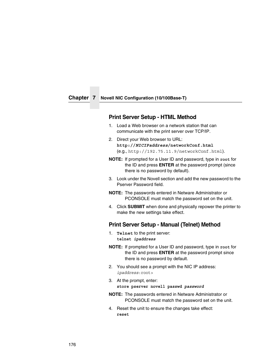 Print server setup - html method, Print server setup - manual (telnet) method | Printronix Network Interface Card User Manual | Page 176 / 378