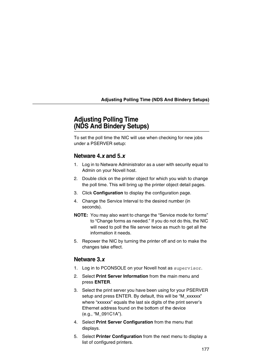 Adjusting polling time (nds and bindery setups), Netware 4. x and 5.x, Netware 3. x | Printronix Network Interface Card User Manual | Page 177 / 378