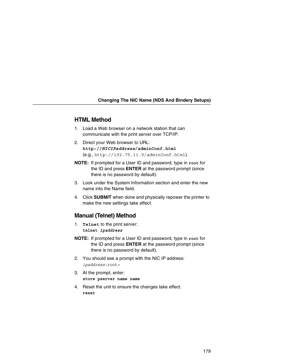 Html method, Manual (telnet) method | Printronix Network Interface Card User Manual | Page 179 / 378