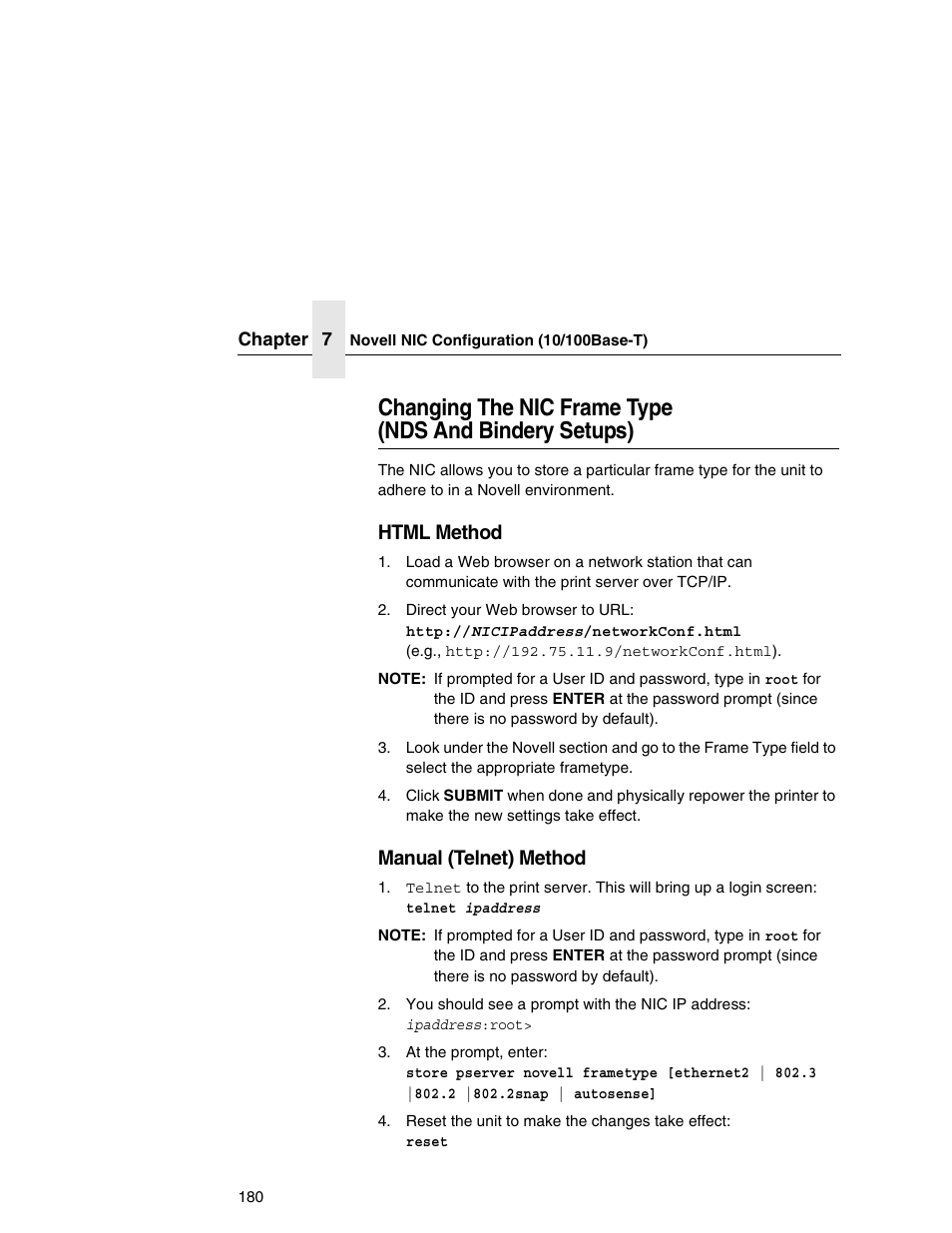 Html method, Manual (telnet) method | Printronix Network Interface Card User Manual | Page 180 / 378