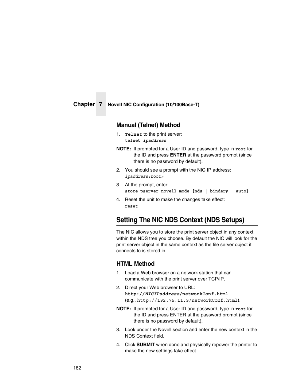 Setting the nic nds context (nds setups), Manual (telnet) method, Html method | Printronix Network Interface Card User Manual | Page 182 / 378