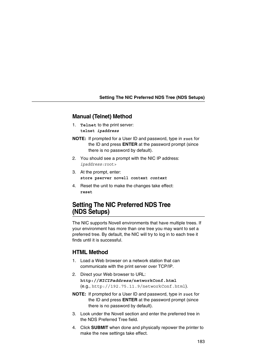 Setting the nic preferred nds tree (nds setups), Manual (telnet) method, Html method | Printronix Network Interface Card User Manual | Page 183 / 378