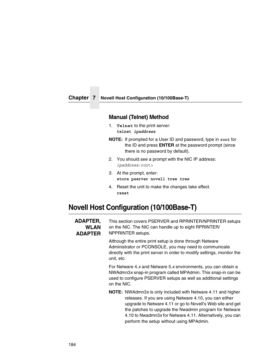 Novell host configuration (10/100base-t), Manual (telnet) method | Printronix Network Interface Card User Manual | Page 184 / 378