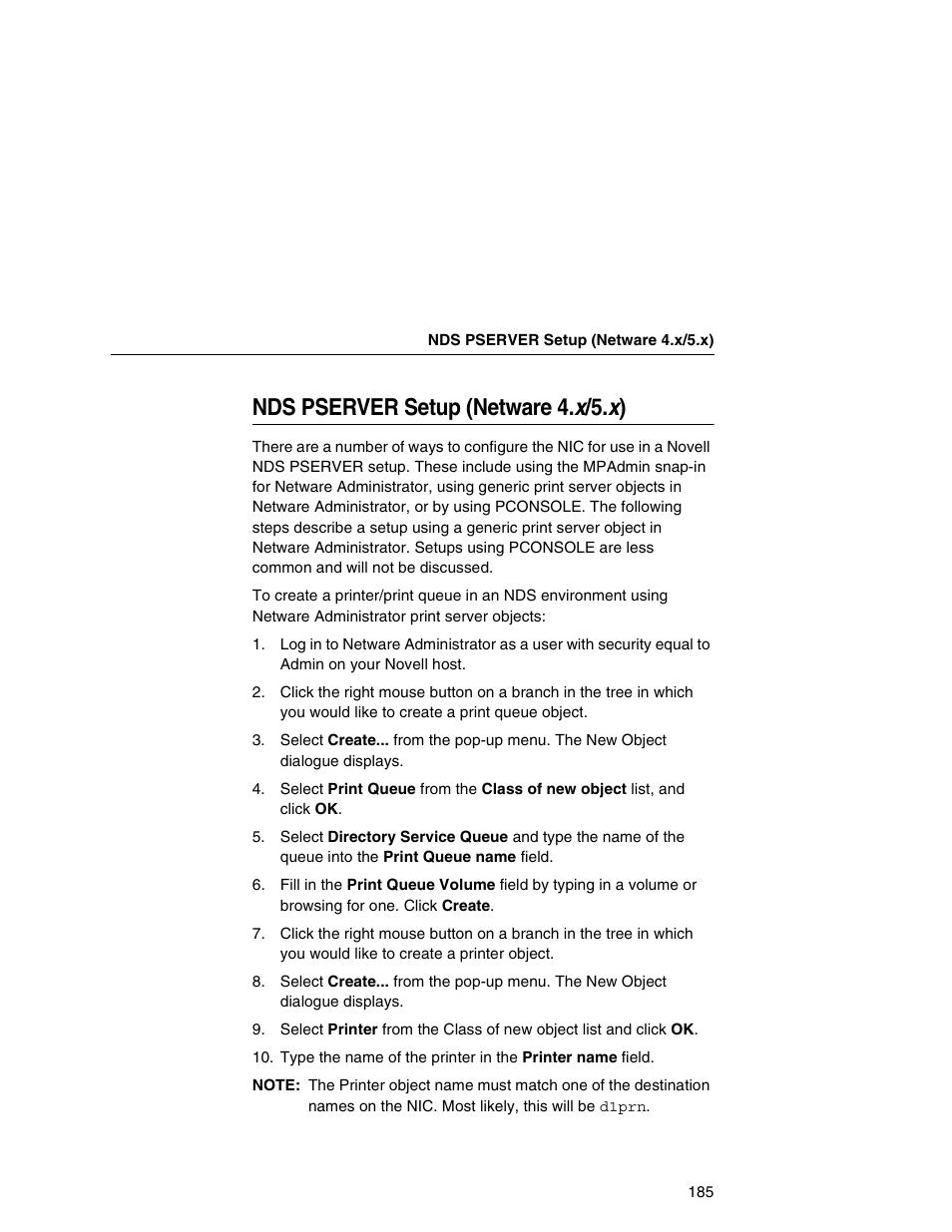 Nds pserver setup (netware 4.x/5.x), Nds pserver setup (netware 4. x/5.x) | Printronix Network Interface Card User Manual | Page 185 / 378