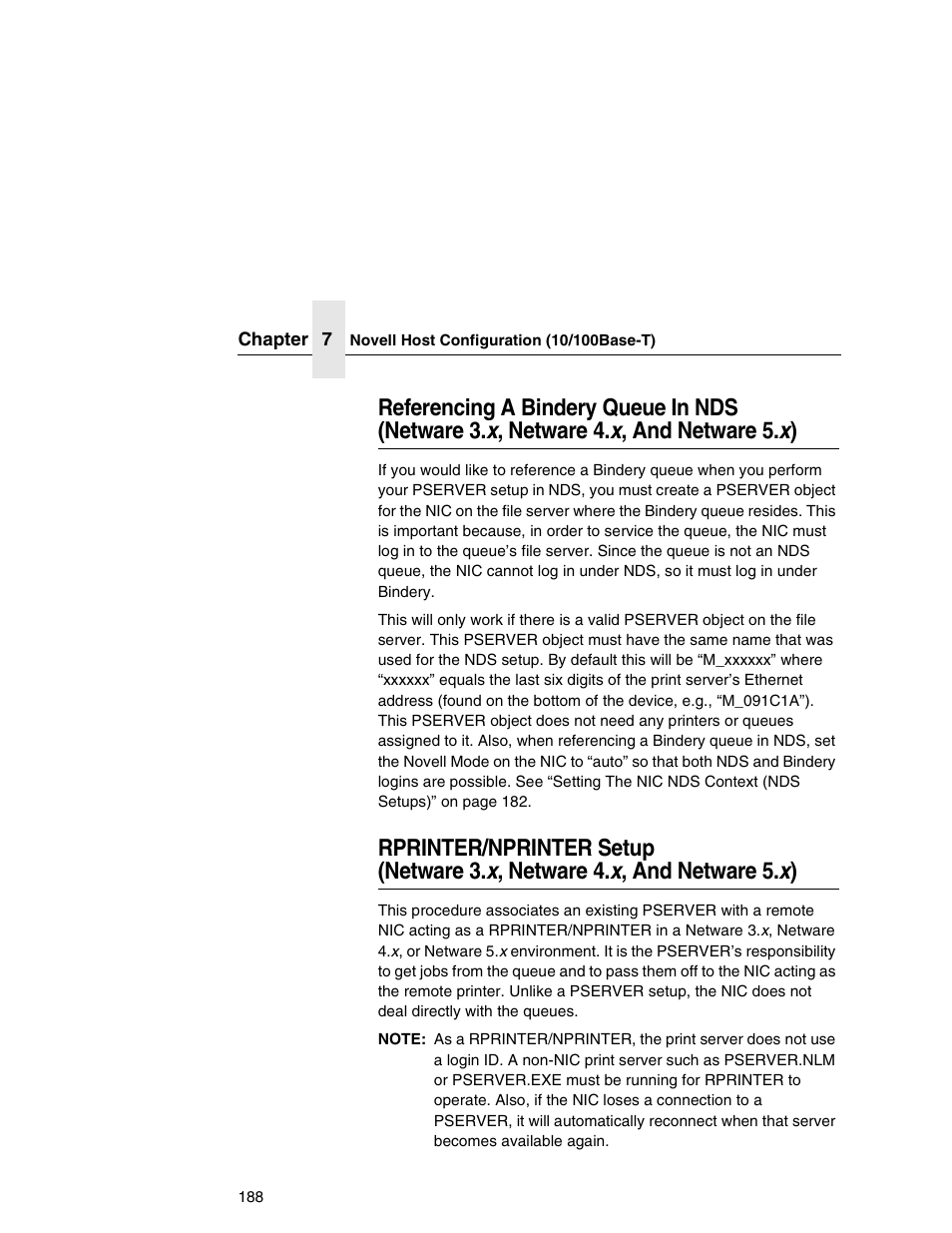 Referencing a bindery queue in nds, Netware 3.x, netware 4.x, and netware 5.x), Rprinter/nprinter setup | Printronix Network Interface Card User Manual | Page 188 / 378