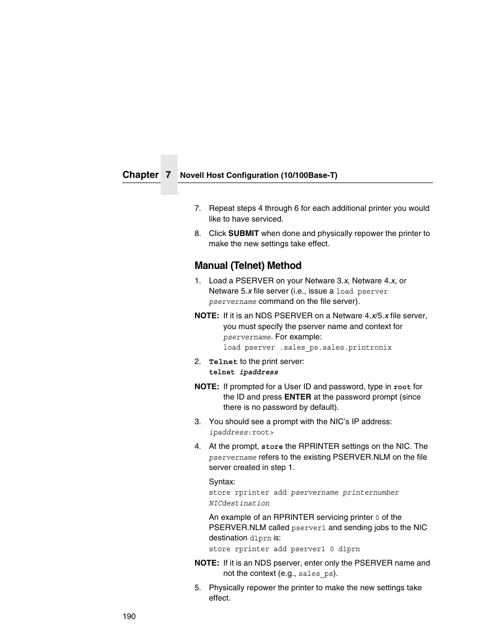 Manual (telnet) method | Printronix Network Interface Card User Manual | Page 190 / 378